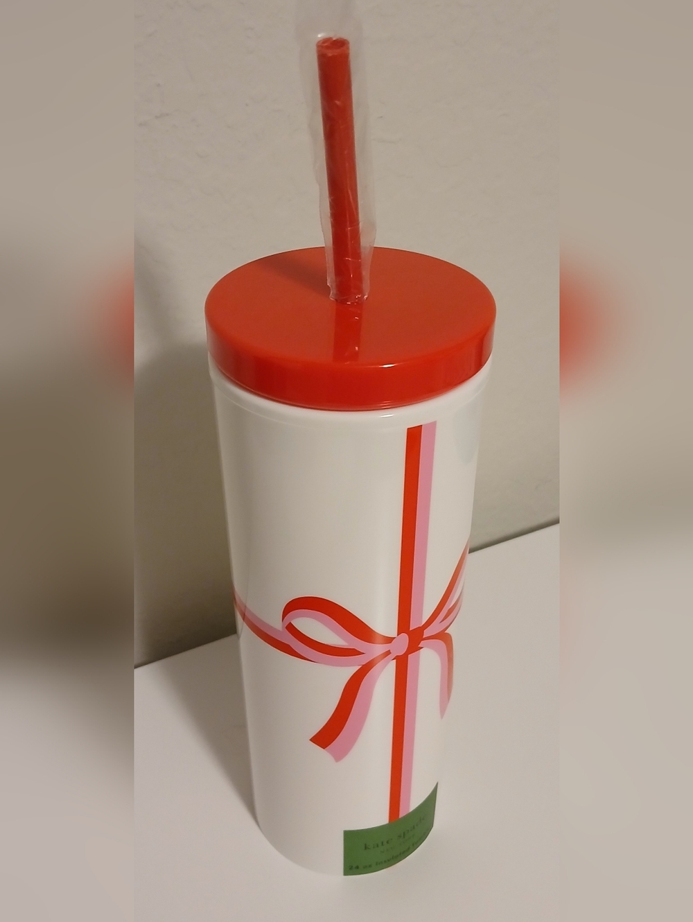 NWT Kate Spade Pink & Red Bow Tumbler With Straw - Picture 9 of 10
